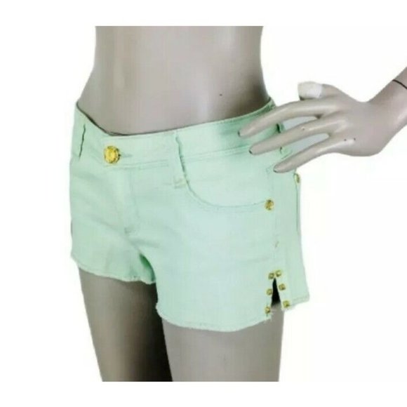 Vintage 90's Y2K Pastel Green Denim Frayed Edge Gold Studded Short Shorts - Picture 1 of 7